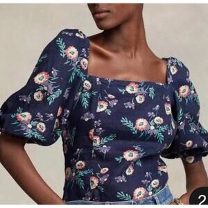 Polo Ralph Lauren Blouse Women 12 linen Navy Floral 3/4 Puff Sleeve Square Neck